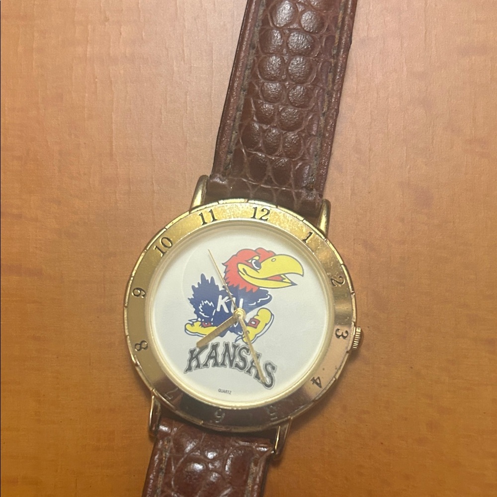 Kansas Jayhawks Gold-Tone Logo Watch with Brown Leather Strap